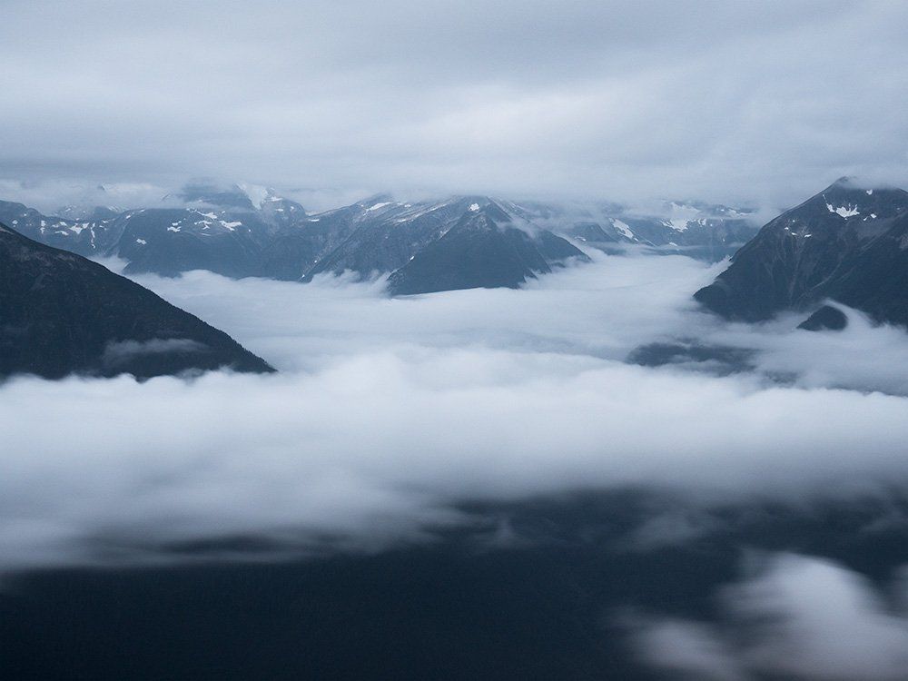 Cloud-filled Bella Coola and Thorsen Creek Valley, Coast Mountains, British Columbia